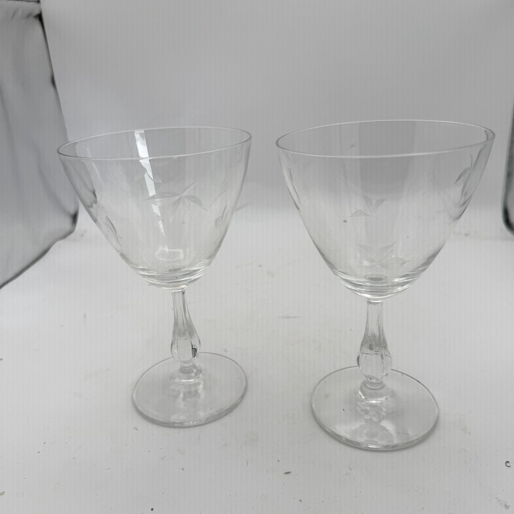 2 Vtg Libbey Glass Wheat Etched Design Wine or Sherbert 6" Crystal